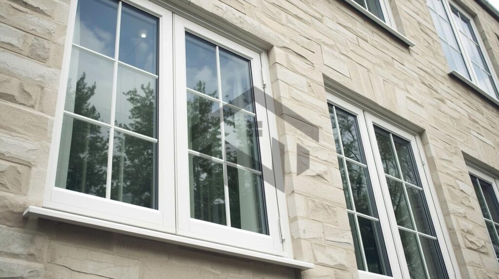 نمای خارجی ساختمان با پنجره دوجداره UPVC نصب شده توسط نوین‌پلاست