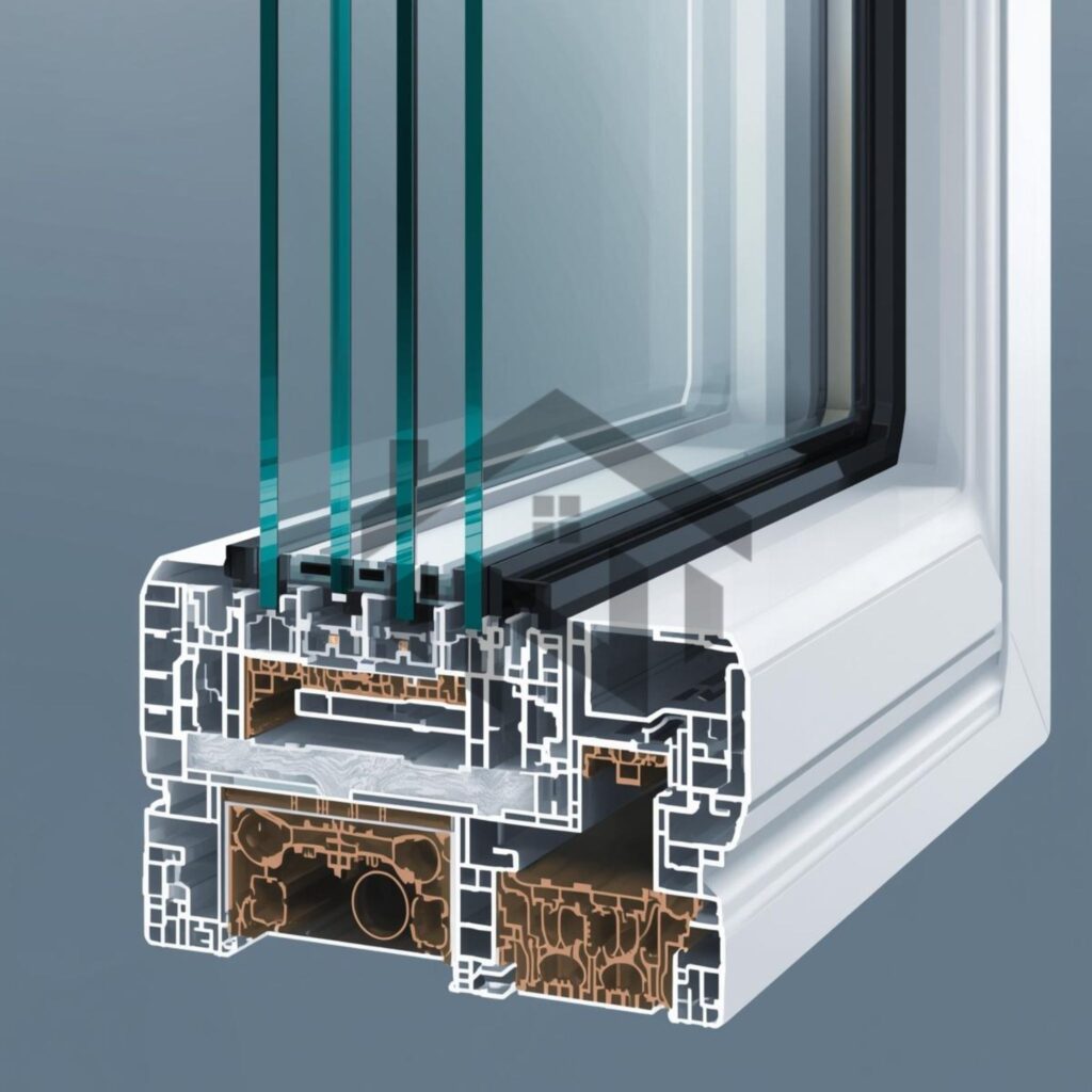 مقطع فنی پروفیل UPVC با دو لایه شیشه برای جلوگیری از عبور صدا